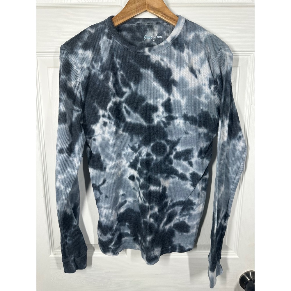 Just Love Waffle Knit Top Womens M Blue Tie Dye Thermal Long Sleeve Casual 7471